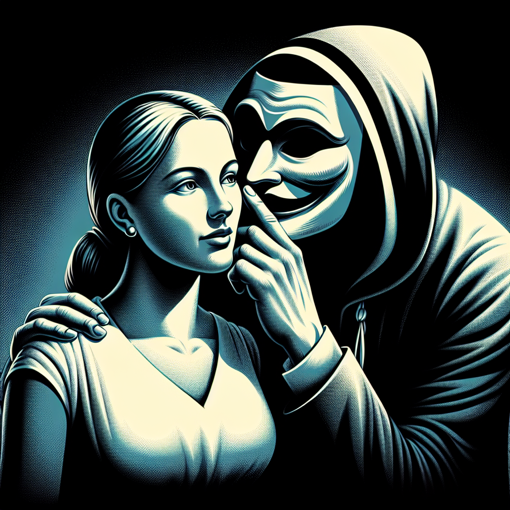 An illustration of a cunning masked figure whispering into the ear of a vulnerable person, symbolizing the manipulation tactics used by narcissists. The figures are set in a dramatic light and shadow scenario.