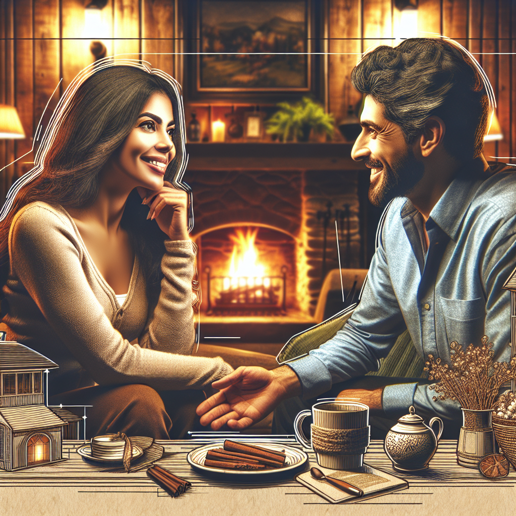 A romantic scene of a couple with a significant age difference, both appearing happy and engaged in a deep conversation, set in a cozy living room with warm lighting.