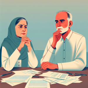 An illustration of an older couple sitting at a table, looking at each other with thoughtful expressions, surrounded by papers symbolizing divorce and life decisions. The setting portrays a warm, introspective environment.