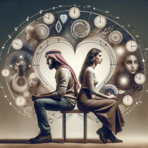 A thoughtful couple sitting together, pondering their relationship, surrounded by symbolic milestones representing different years. The background features subtle clock motifs and contrasting emotions, illustrating growth and struggle.