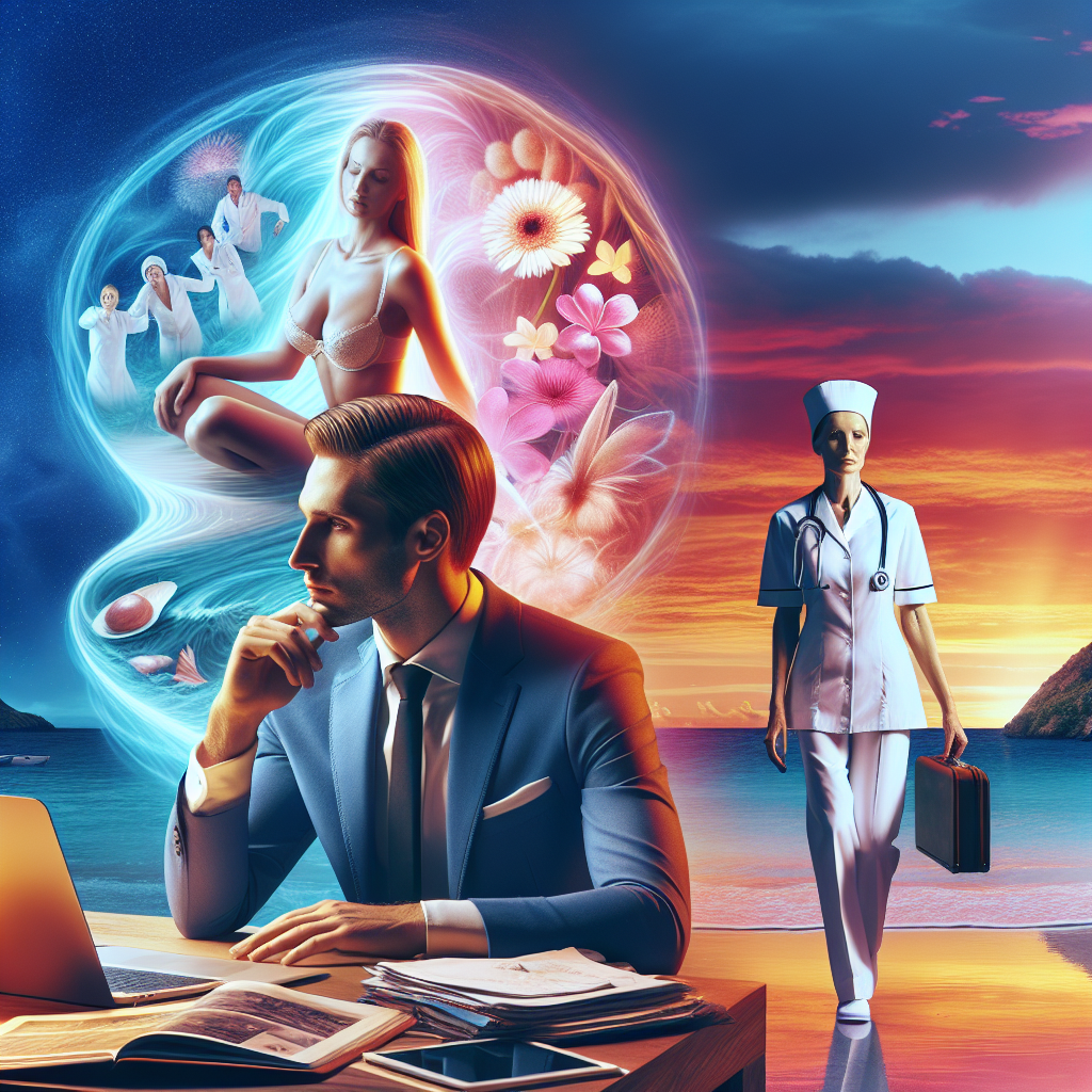 A mysterious and sensual scene depicting various male fantasies, including a glamorous celebrity, an elegant businesswoman, a uniformed nurse, and an exotic beach setting, surrounded by an atmosphere of allure and luxury.