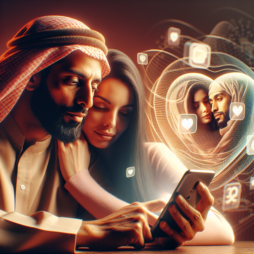 A romantic couple using a smartphone together, with app icons in the background symbolizing love and connection. The colors should be warm and inviting, creating a feeling of intimacy and modern technology aiding relationships.