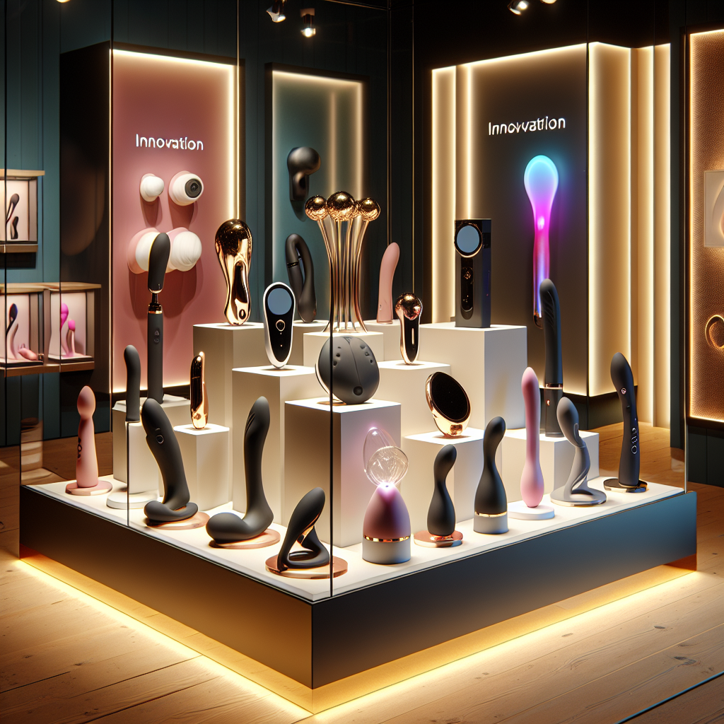 A variety of futuristic and elegantly designed sextoys displayed in a modern, stylish setting with soft ambient lighting, showcasing innovation and sophistication in adult pleasure products. The image is vibrant, eye-catching, and includes a range of devices, each with unique shapes and colors, presented in a tasteful and informative manner.