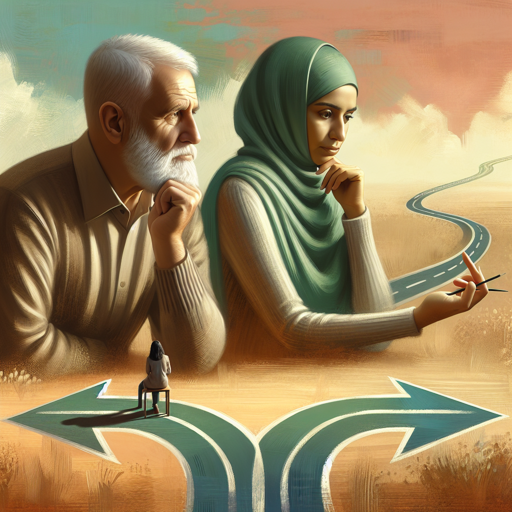 A thoughtful and artistic illustration of an older couple contemplating life paths, with subtle visual metaphors of crossroads and gentle separation, using soft colors to convey reflection and understanding