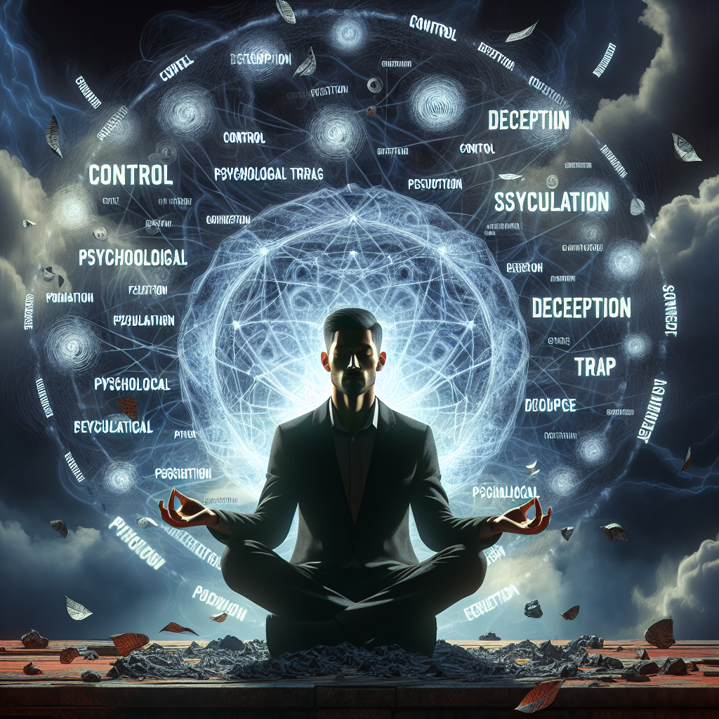 An illustration depicting a person surrounded by words and phrases symbolizing manipulation and psychological entrapment, creating a tense and introspective atmosphere.