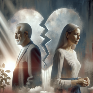 An older couple standing apart, reflective and pensive, with a symbolic broken heart in the background, representing a grey divorce. The setting is serene and dignified, emphasizing contemplation and change.