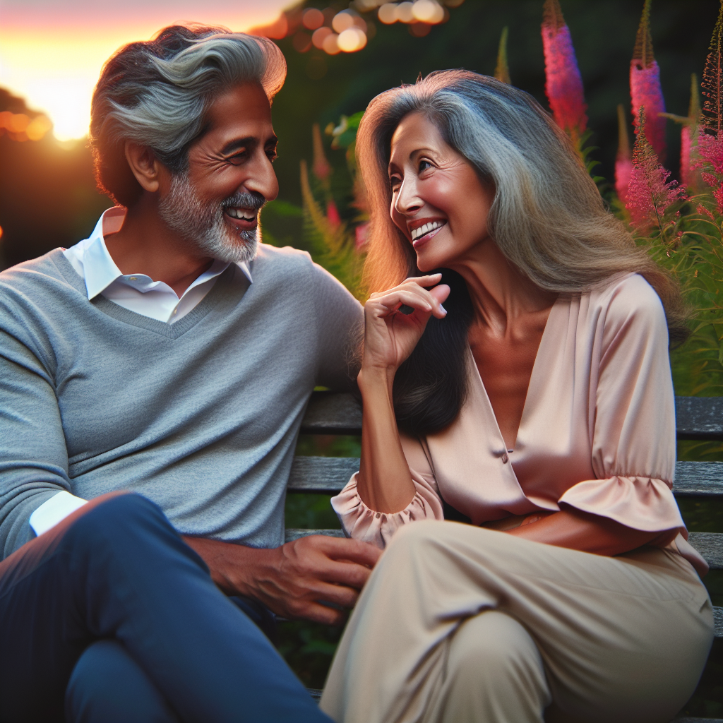 A mature couple sitting together in a serene park, smiling at each other warmly. The couple displays a clear age gap but shares a visible, genuine bond, surrounded by blooming flowers and a softly glowing sunset.