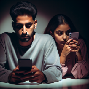 Un couple assis à une table, chacun regardant son smartphone avec une ombre de méfiance. L'homme semble nerveux, tandis que la femme observe discrètement l'écran de son partenaire. L'ambiance est tendue, avec une lumière tamisée, reflétant une atmosphère de suspicion.