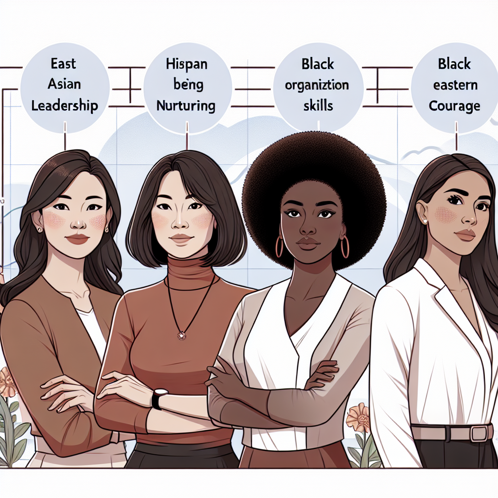 A digital illustration of a confident and diverse group of women, each embodying different ideal traits such as leadership, nurturing, and organization, set in a modern and inclusive environment.