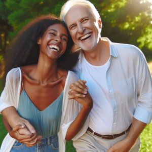 A diverse couple of different ages happily enjoying a sunny walk in the park, illustrating a positive outlook on age-gap relationships.