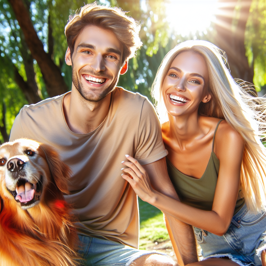 A young couple with a joyful, laid-back man and a playful golden retriever dog, symbolizing harmony and happiness in a relationship, set in a sunny park environment.