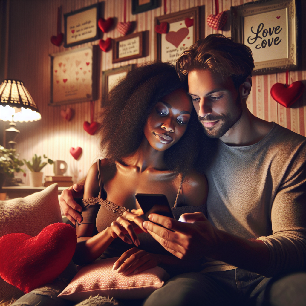 A romantic couple using a smartphone together in a cozy living room, surrounded by love-inspired decor and warm light, visually representing a digital connection in a harmonious relationship.