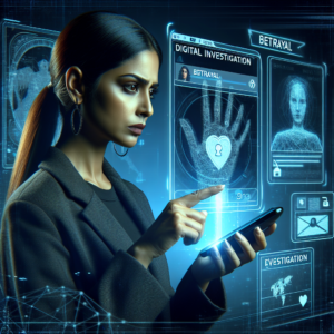 A digital detective hovering over a smartphone with evidence of infidelity, showing apps and notifications. The background should have a modern tech vibe, illustrating the theme of digital investigation.