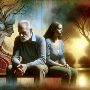 An elderly couple in a serene park setting, visibly contemplating their future, with a subtle depiction of life's complexities in the background. The image should convey the theme of reflection and transition, with soft, warm colors to portray both challenge and hope.