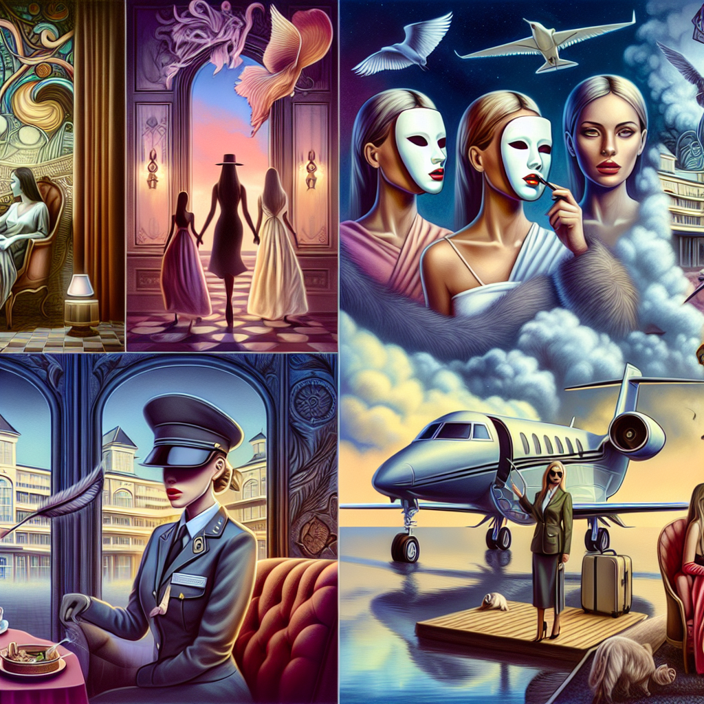 A dramatic illustration showing various male fantasies depicted in surreal contexts: a man with two women symbolizing a threesome, mysterious encounters with masked women, a woman in a uniform exuding authority, and an opulent backdrop of a luxurious hotel and a private jet's interior.