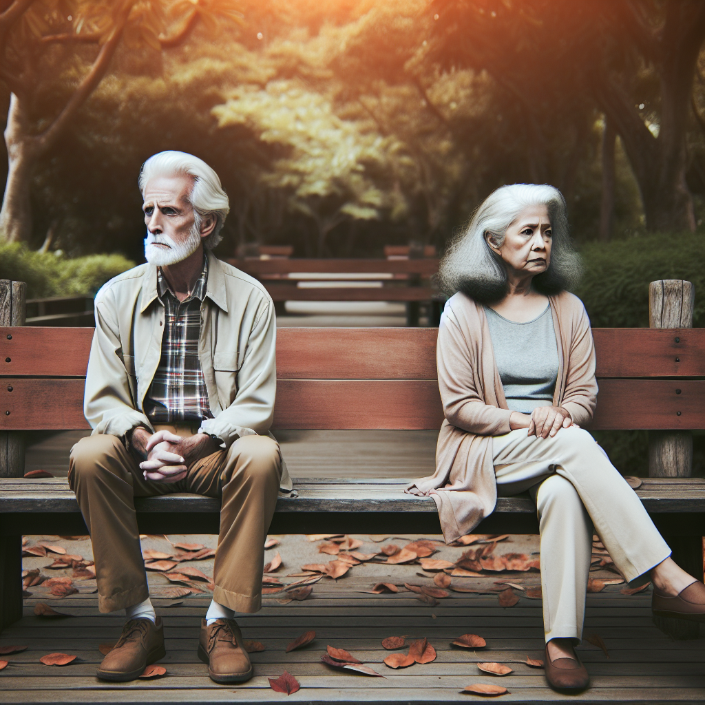 An illustration depicting a grey-haired couple sitting separately on a park bench, with leaves falling around, symbolizing the concept of 'grey divorce'. The image should convey a sense of independence and introspection.