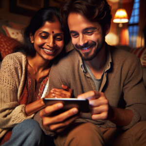 A warm, loving couple sitting close together on a couch, both looking at a smartphone screen, smiling, in a cozy living room setting, symbolizing modern love and communication through technology.