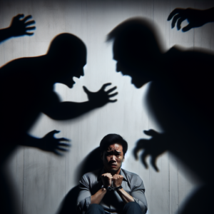 A dramatic depiction of psychological manipulation, showing a person feeling trapped and confused with shadowy, imposing figures around, symbolizing manipulation and emotional pressure.