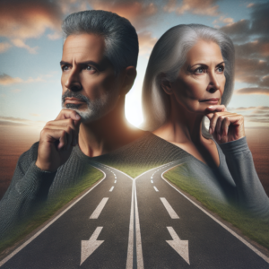 An illustration of a thoughtful mature couple at a crossroad, symbolizing a significant life decision, surrounded by soft, muted tones representing contemplation and change.