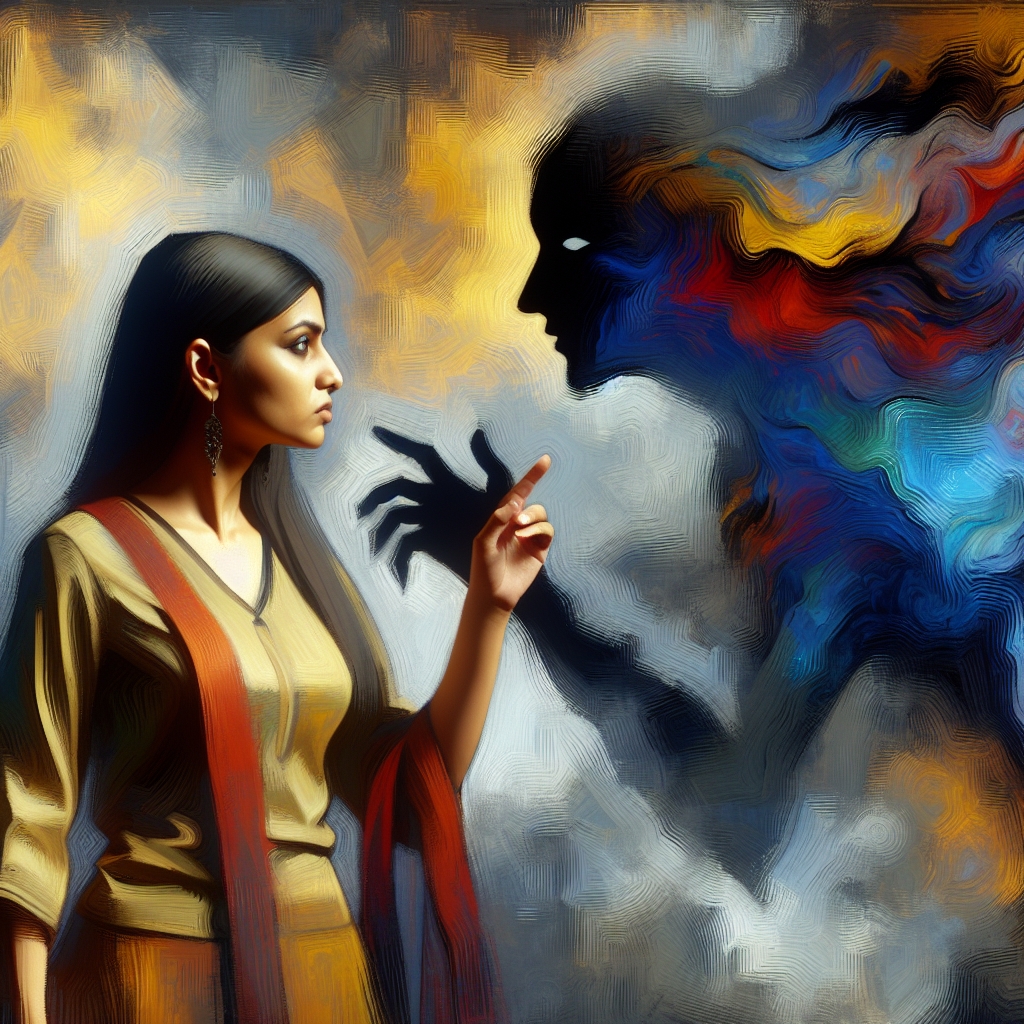 An illustration depicting a person confidently confronting a shadowy figure with assertive body language in a psychological, abstract art style.