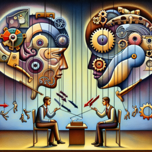 A psychological illustration depicting a conversation where one person uses manipulative language, with visual elements representing control and influence, set in a modern, abstract art style.