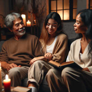 A diverse group of people engaging in non-penetrative sensual activities, emphasizing connection and pleasure through touch, intimacy, and mutual enjoyment in a cozy, ambient setting.