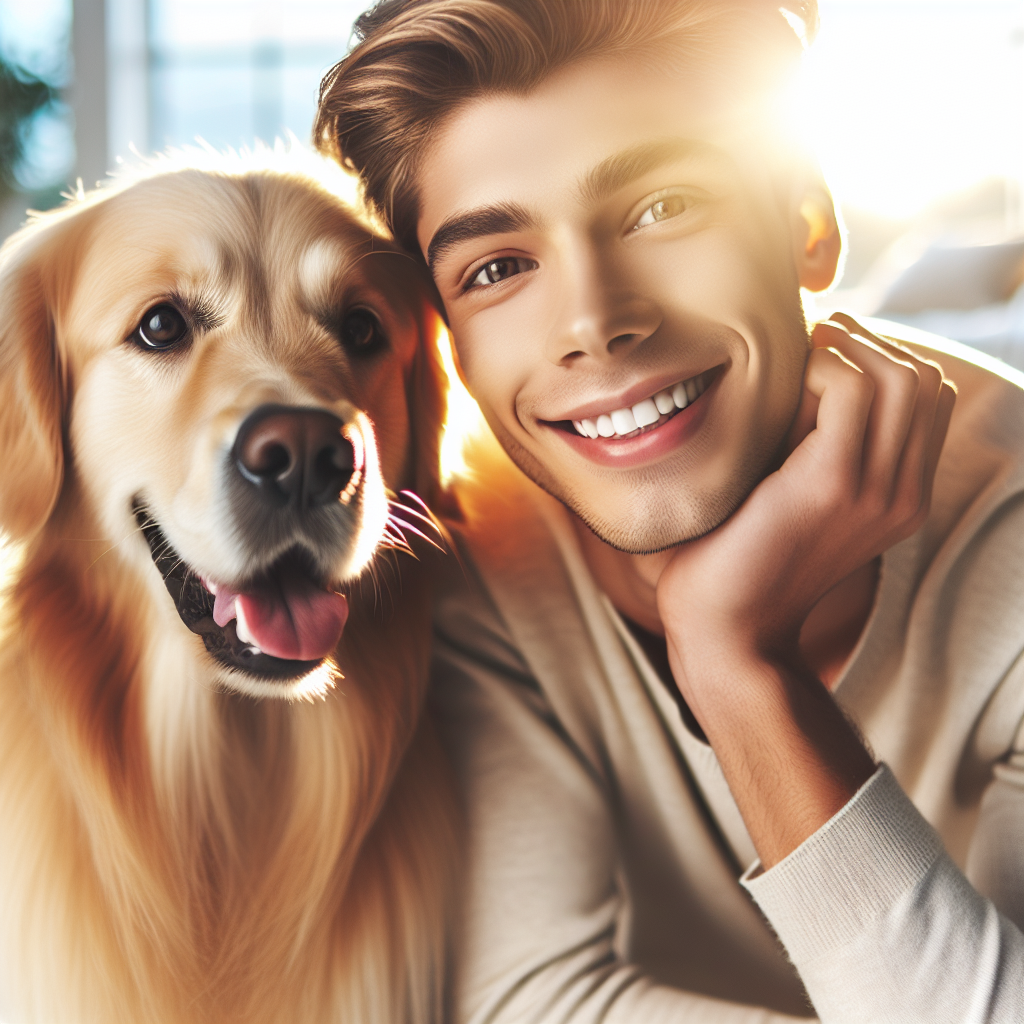 Un jeune couple heureux, représentant l'archétype du 'golden retriever boyfriend' avec un jeune homme souriant et attentionné, style artistique doux et lumineux.