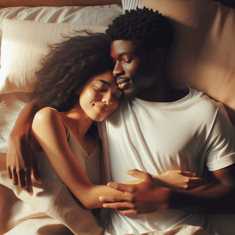 A romantic and intimate scene of two lovers lying in the spooning position on a bed with soft lighting, enhancing the tenderness and closeness of their embrace, suitable for an article about sexual positions.