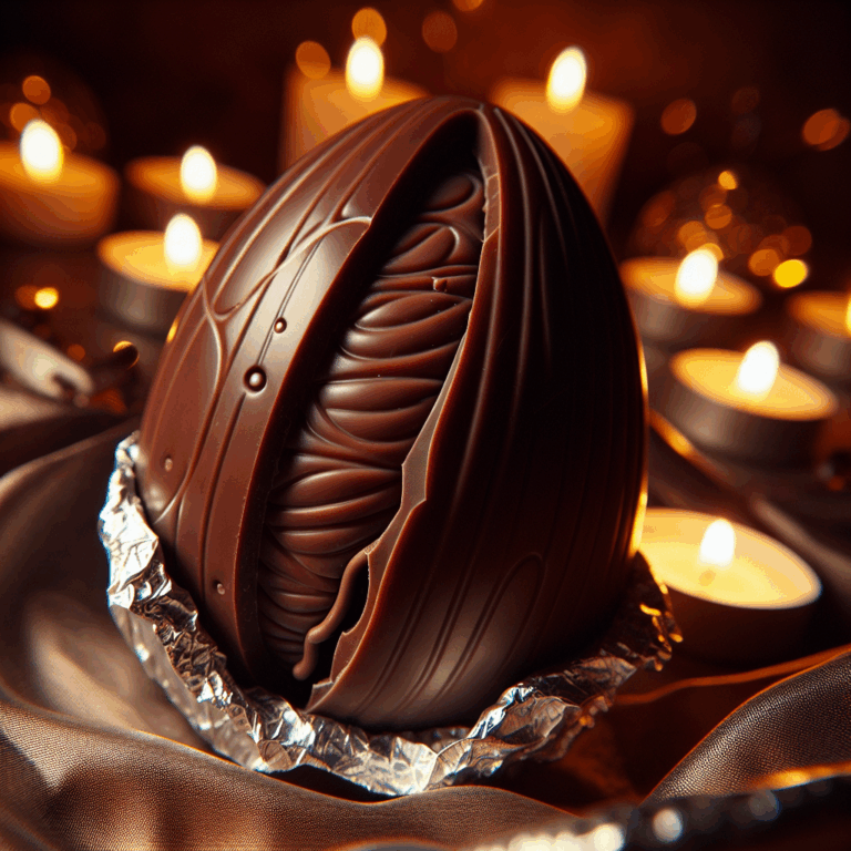 An egg-shaped chocolate on a delicate silver foil, cracked open to reveal an elegantly designed adult toy, surrounded by soft candlelight, reflecting an atmosphere of intrigue and luxury for Easter.