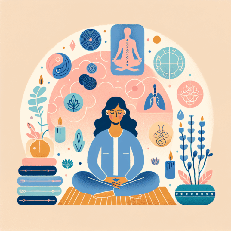 Une illustration montrant une femme pensant à sa sexualité, entourée de symboles de relaxation et de compréhension du corps, dans des tons apaisants.