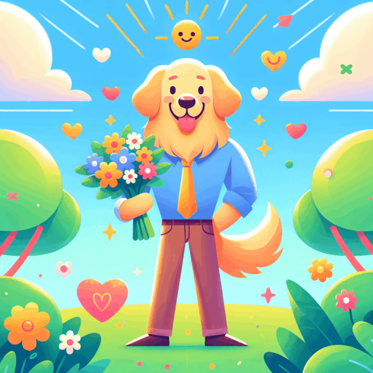 A playful and vibrant illustration depicting a golden retriever dog with human-like characteristics, personifying an ideal boyfriend. The scene should convey joy and affection, with warm colors and a light-hearted atmosphere, suggesting a harmonious and loving relationship.
