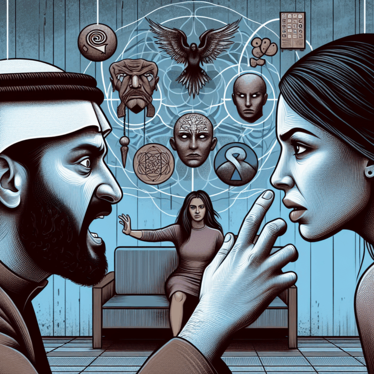 A serious illustration depicting a couple in a dramatic, tense discussion, with an emphasis on emotional manipulation and psychological tactics. The background shows subtle symbols representing control and manipulation.