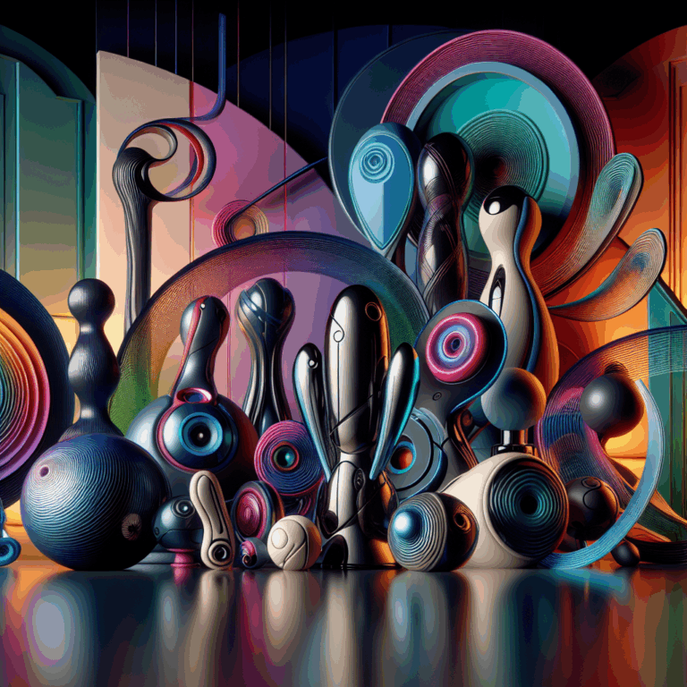A futuristic illustration of various innovative sextoys with sleek designs and vibrant colors against a modern and luxurious background, showcasing advanced technology and creativity in adult toys.