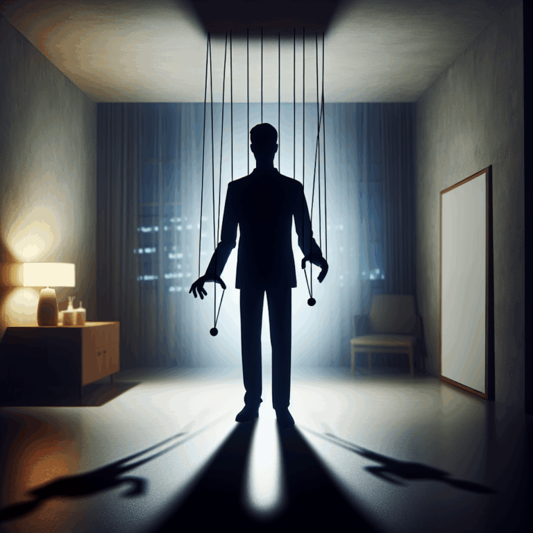A symbolic image illustrating narcissistic manipulation: a person in shadows with strings attached, symbolizing control and manipulation, set in a dimly lit room to evoke a sense of emotional entrapment.