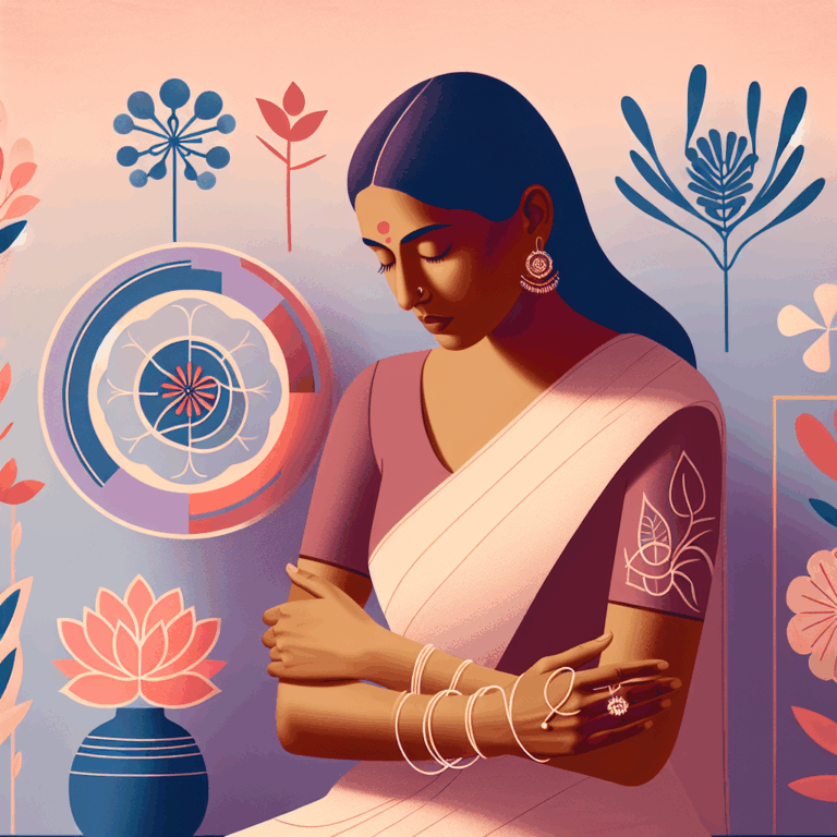 Une illustration montrant une femme en pleine contemplation de soi, cherchant à comprendre son corps, entourée d'éléments symboliques de relaxation et de bien-être, comme des fleurs et des couleurs apaisantes.