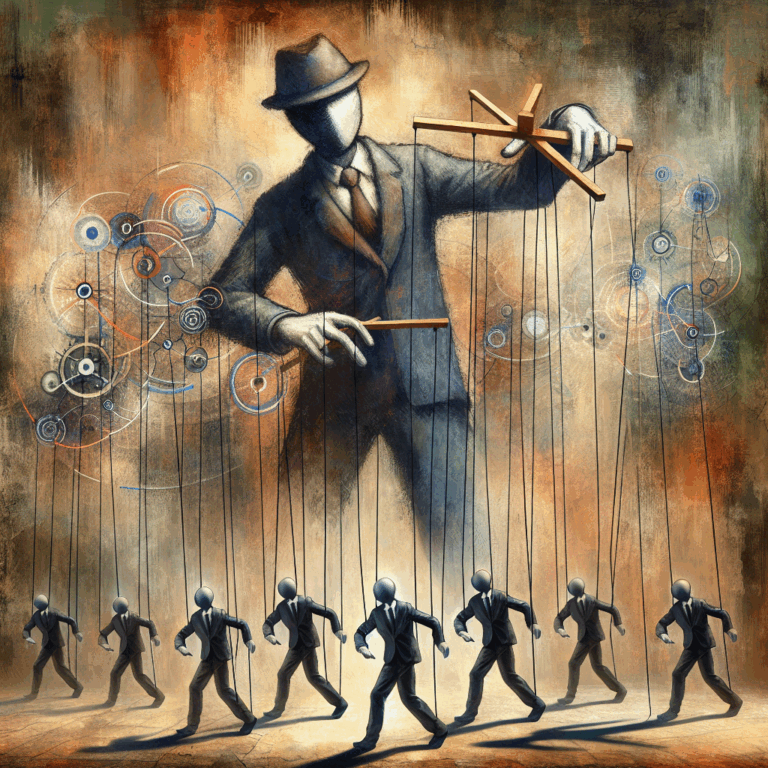 A sly and cunning figure, symbolizing manipulation, using strings to control others, set in a dark, abstract background reflecting psychological manipulation.