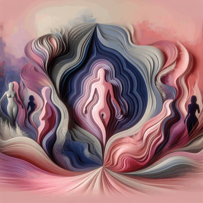 A serene and abstract illustration depicting the concept of female premature orgasm. The image should incorporate gentle, flowing colors like pastel pinks and purples, symbolizing sensuality and complexity. Include artistic representations of female silhouettes and abstract waves to convey emotions and sensations related to this intimate topic.