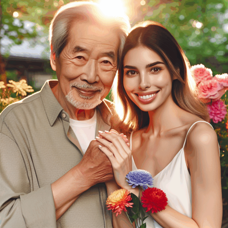 A couple with a significant age difference holding hands in a serene park setting, surrounded by vibrant, colorful flowers, symbolizing love transcending age. The older person looks wise and gentle, while the younger person exudes happiness and confidence. The scene is warm and inviting, with soft sunlight filtering through the trees.