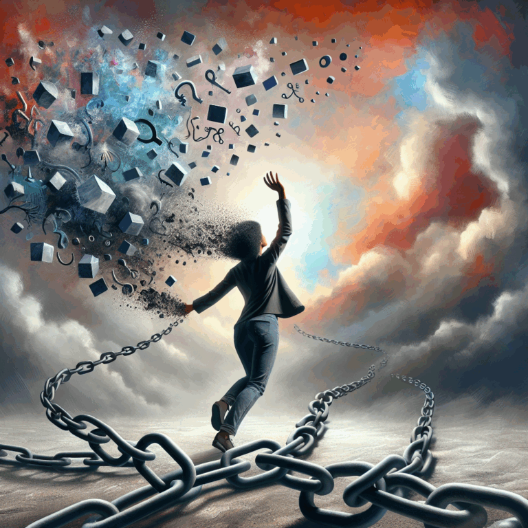 A symbolic image of a person breaking free from chains, with abstract representations of speech bubbles or words around them, symbolizing manipulation and freedom.