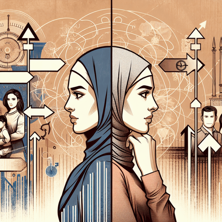 A thoughtful illustration depicting a modern woman standing at a crossroad, symbolizing the dilemma faced by heterosexual women in contemporary relationships. The background includes subtle elements representing traditional family and transformative modern ideas, showcasing a balance between tradition and modernity.
