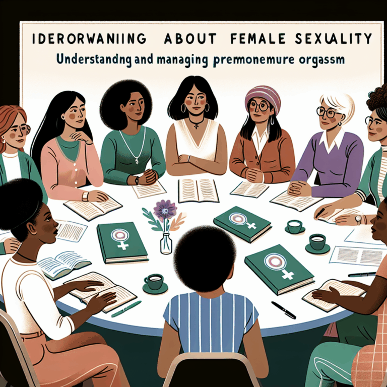 A thoughtful and empowering illustration showing a diverse group of women learning about female sexuality, with an emphasis on understanding and managing premature orgasm, depicted in an educational and respectful manner.