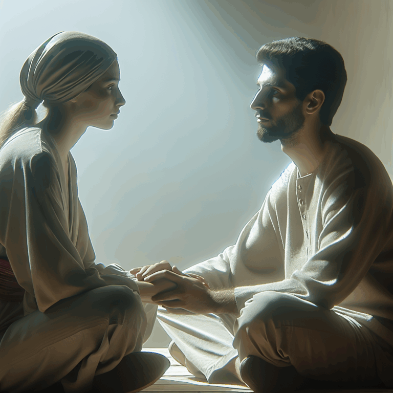 A calm and respectful conversation between a couple, sitting in a serene, neutral setting, with gentle expressions of understanding and care, symbolizing a peaceful breakup.