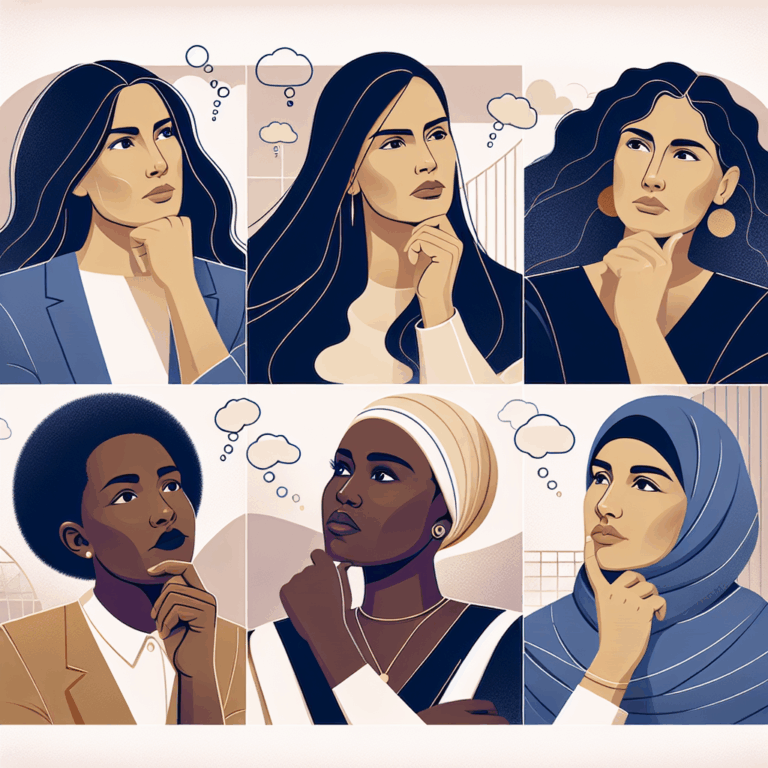 A thought-provoking illustration depicting a diverse group of thoughtful women, expressing emotions of contemplation and reflection, in a modern, stylized setting symbolizing societal expectations and personal freedom.