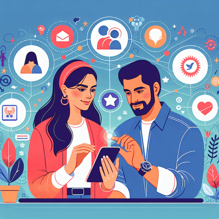 Un couple moderne utilisant une application de développement personnel sur un smartphone, entouré d'illustrations de connexion, communication et harmonie, dans un style numérique coloré et attrayant.