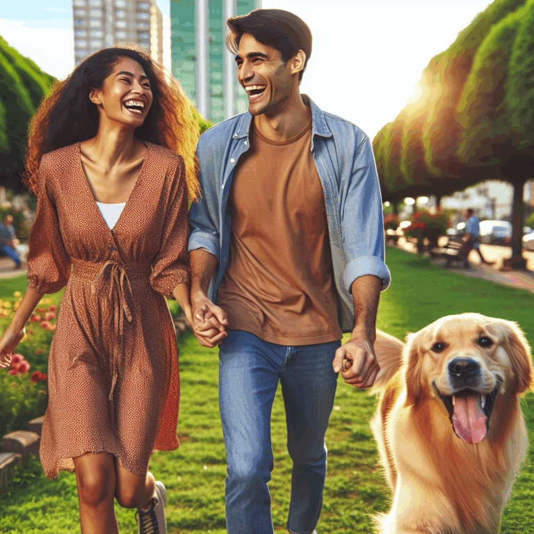 A joyful couple walking in a park, with a golden retriever dog happily trotting by their side, symbolizing loyalty and playfulness.