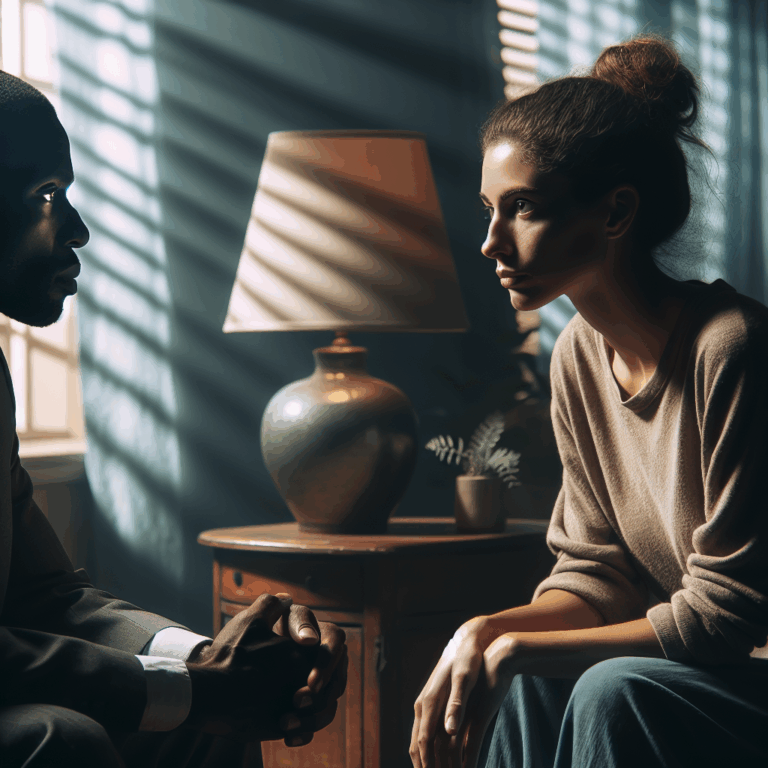 An emotional but respectful breakup conversation between a couple, sitting in a calm and understanding environment, with soft lighting to convey a sense of empathy and honesty.