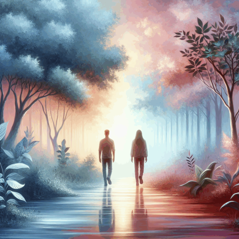 A serene and empathetic parting scene between two people in a calm, neutral setting. The individuals are shown in a contemplative pose, embodying introspection and understanding. The atmosphere is tender and respectful, with warm, soothing colors.