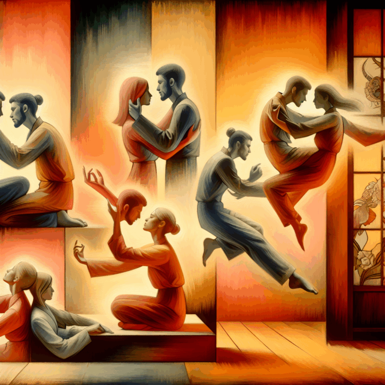 Illustration artistique d'un couple en train de pratiquer différentes positions du Kamasutra, dans une ambiance romantique et intime, avec des couleurs chaudes et douces.