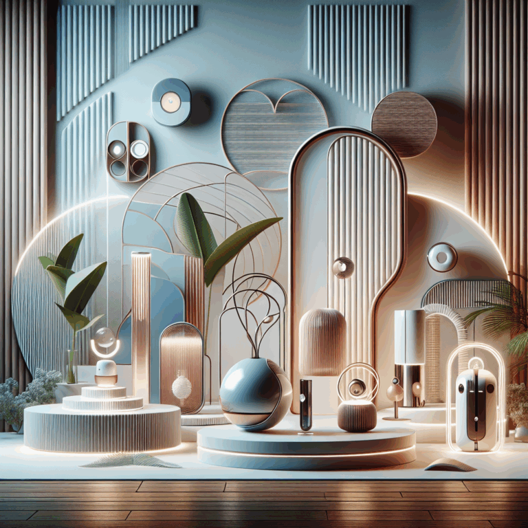 A collection of futuristic and innovative sex toys, featuring sleek and unique designs. Include a mix of high-tech gadgets and eco-friendly materials, with a backdrop that suggests a sensual and intimate atmosphere. Use a modern color palette to emphasize innovation and sophistication.