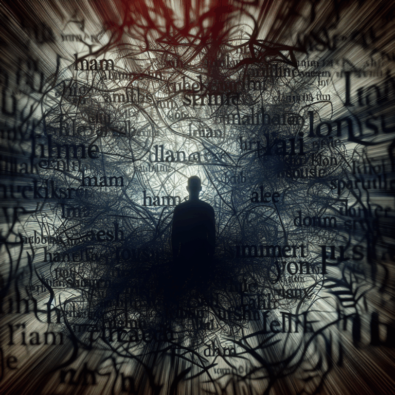 An illustration of a silhouetted figure with a tangled web of phrases around them, symbolizing verbal manipulation. The words should be blurred to emphasize confusion, with a dark, moody color palette to highlight the oppressive nature of manipulation.